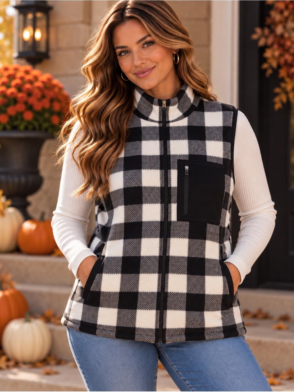 Chaps Black & White Plaid Fleece Zip-Up Vest